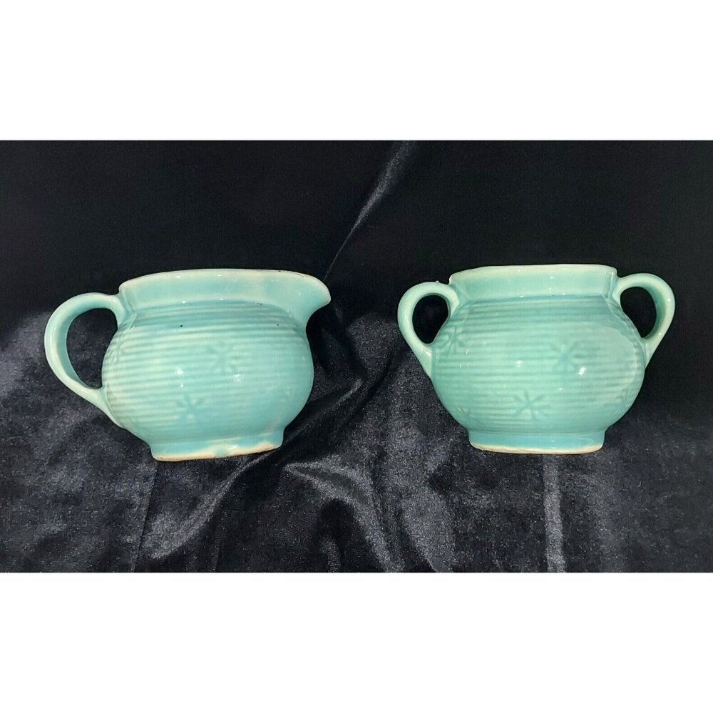 Shawnee MCM Made In USA Creamer & Sugar Bowl Snowflake Turquoise Blue Star Burst